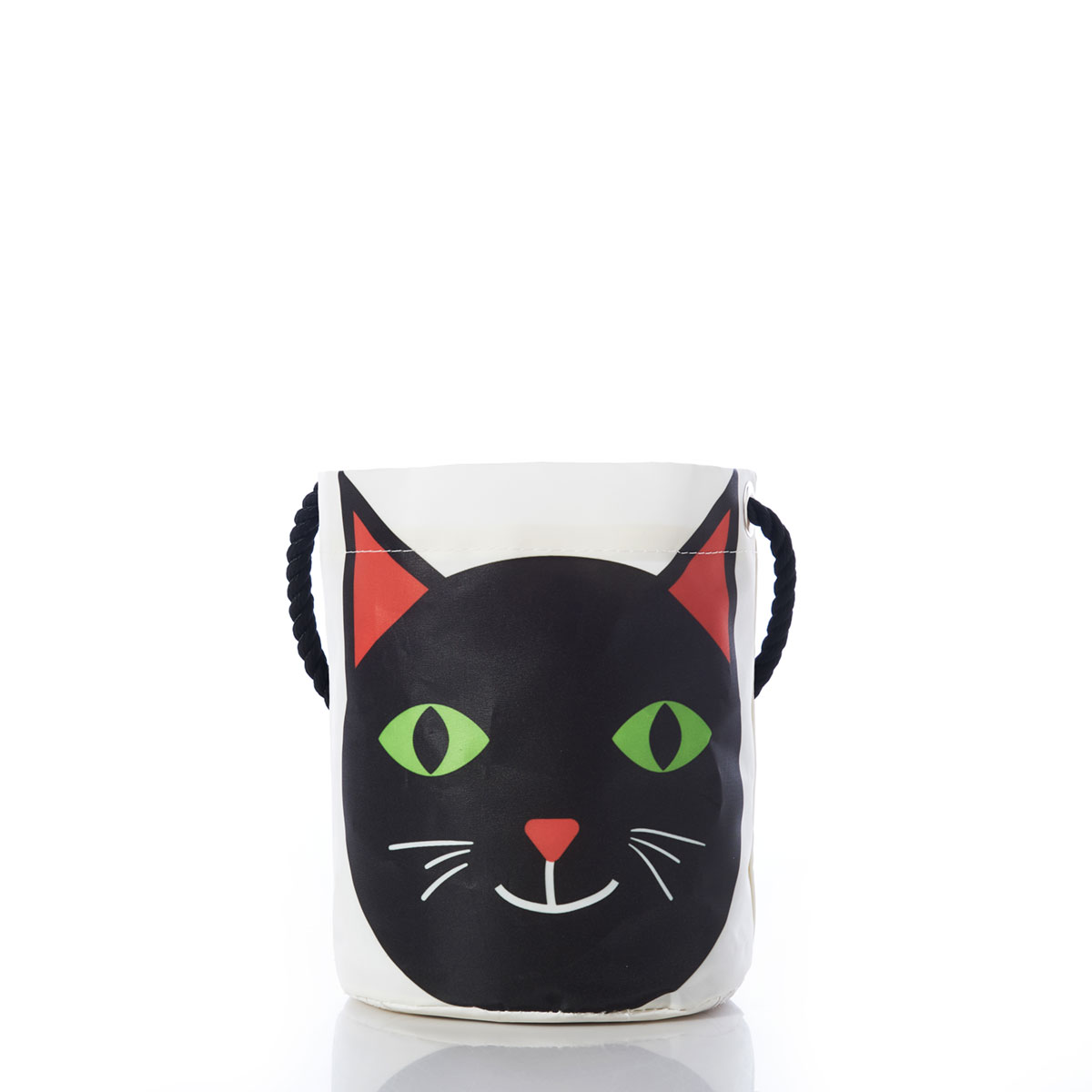 a smiling black cat face is printed on a white recycled sail cloth bucket bag with a hemp rope handle