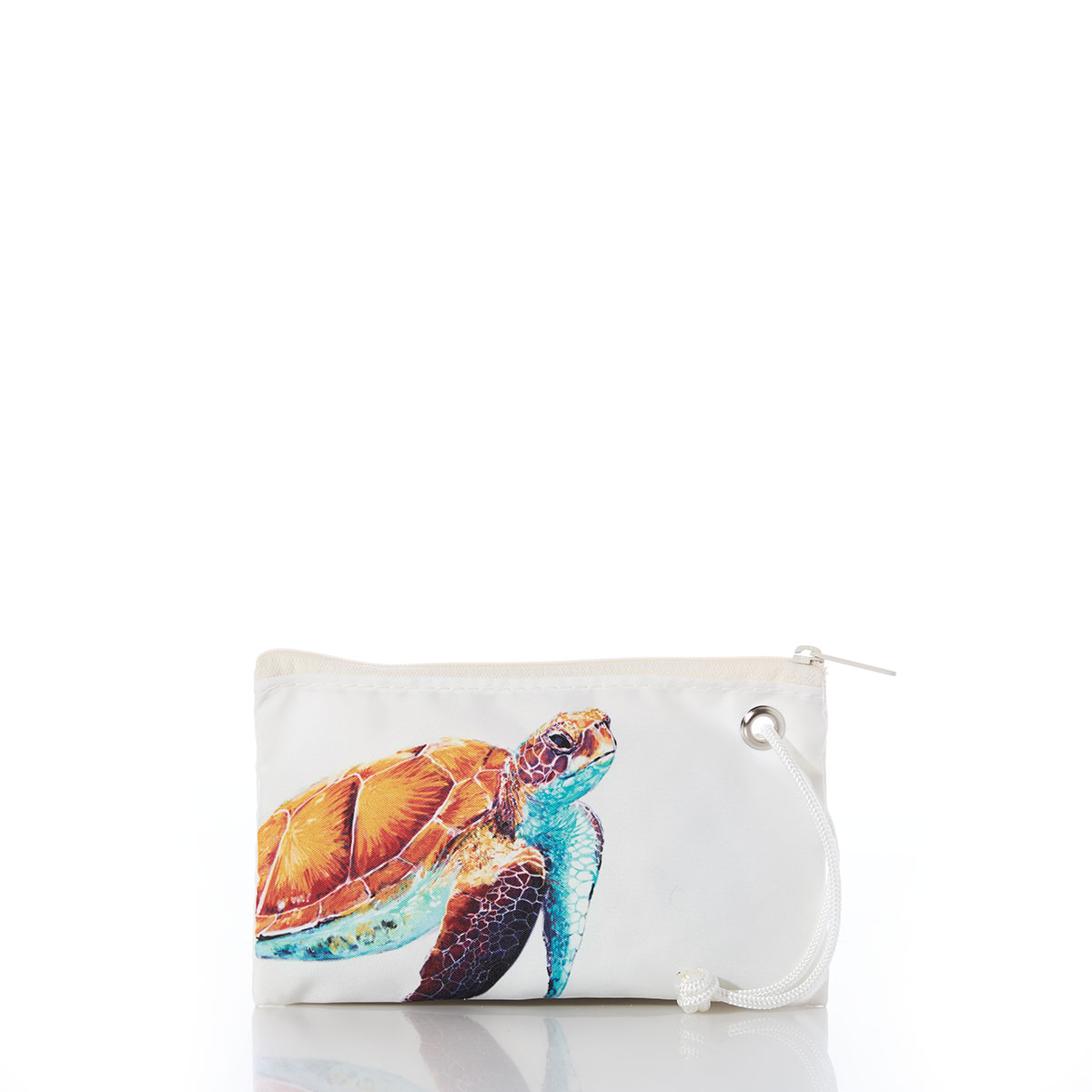a bright friendly multicolor sea turtle is printed on a white recycled sail cloth wristlet