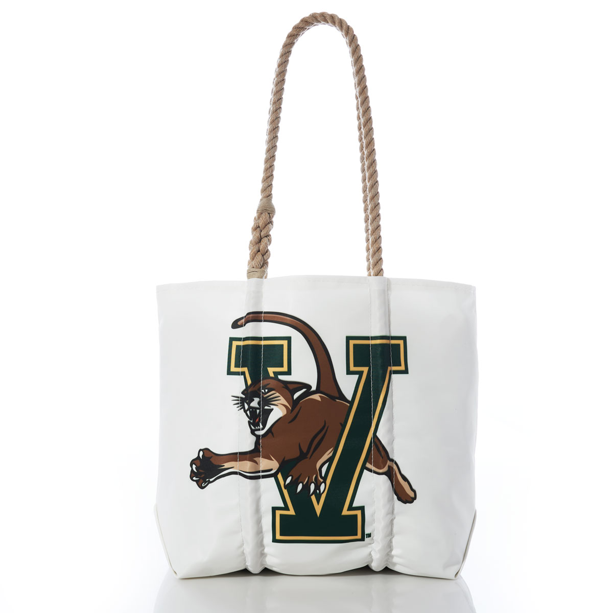 a white recycled sail cloth tote with hemp rope handles is printed with the University of Vermont logo in green
