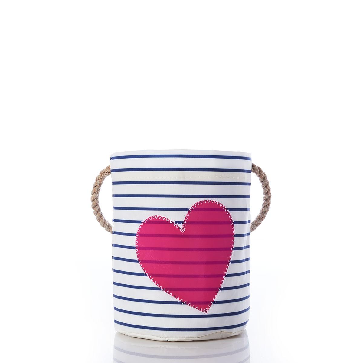 fuchsia heart applique on navy and white striped recycled sail cloth bucket with hemp rope handle
