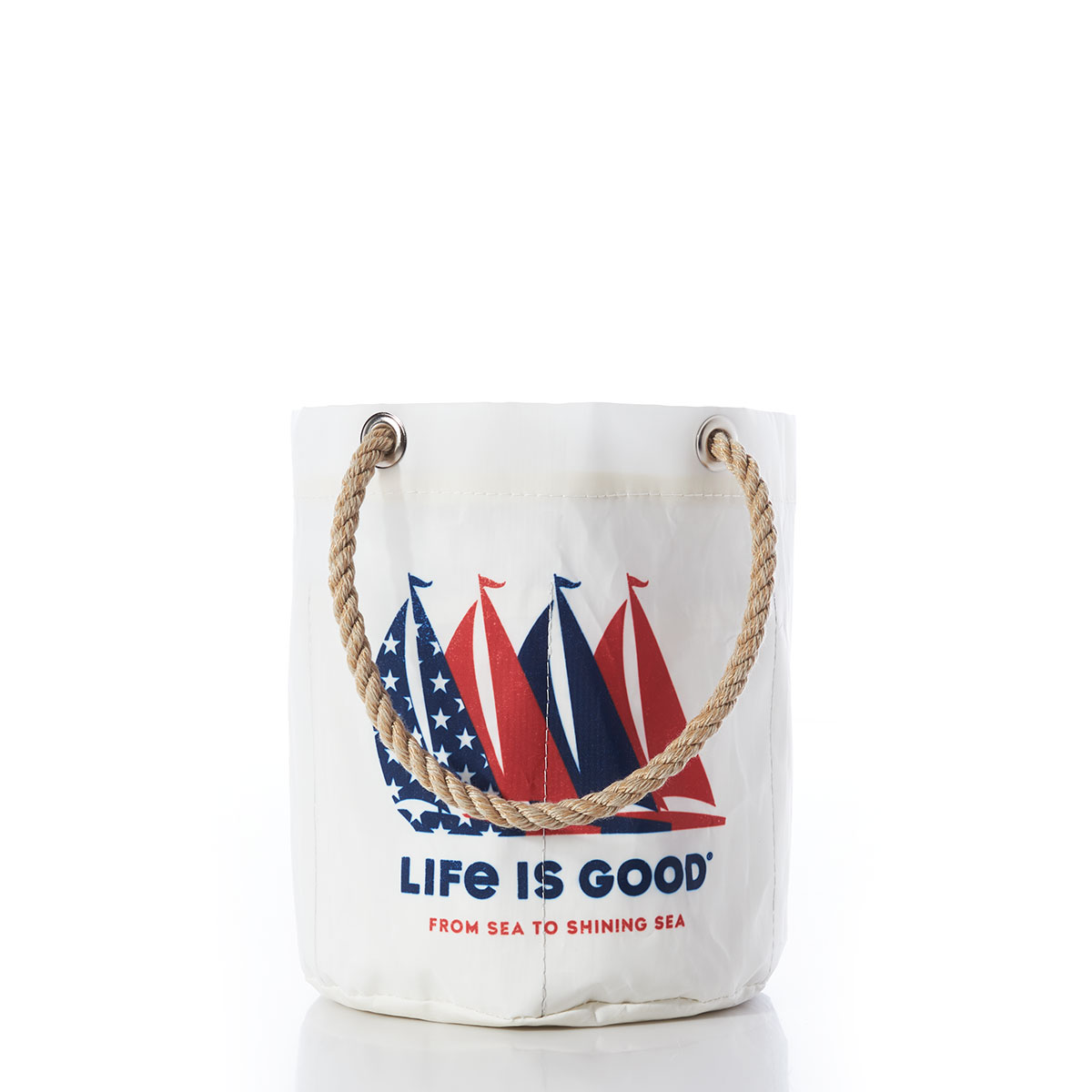 four sailboats in patriotic red and blue printed on white recycled sail cloth beverage bucket with hemp rope handles