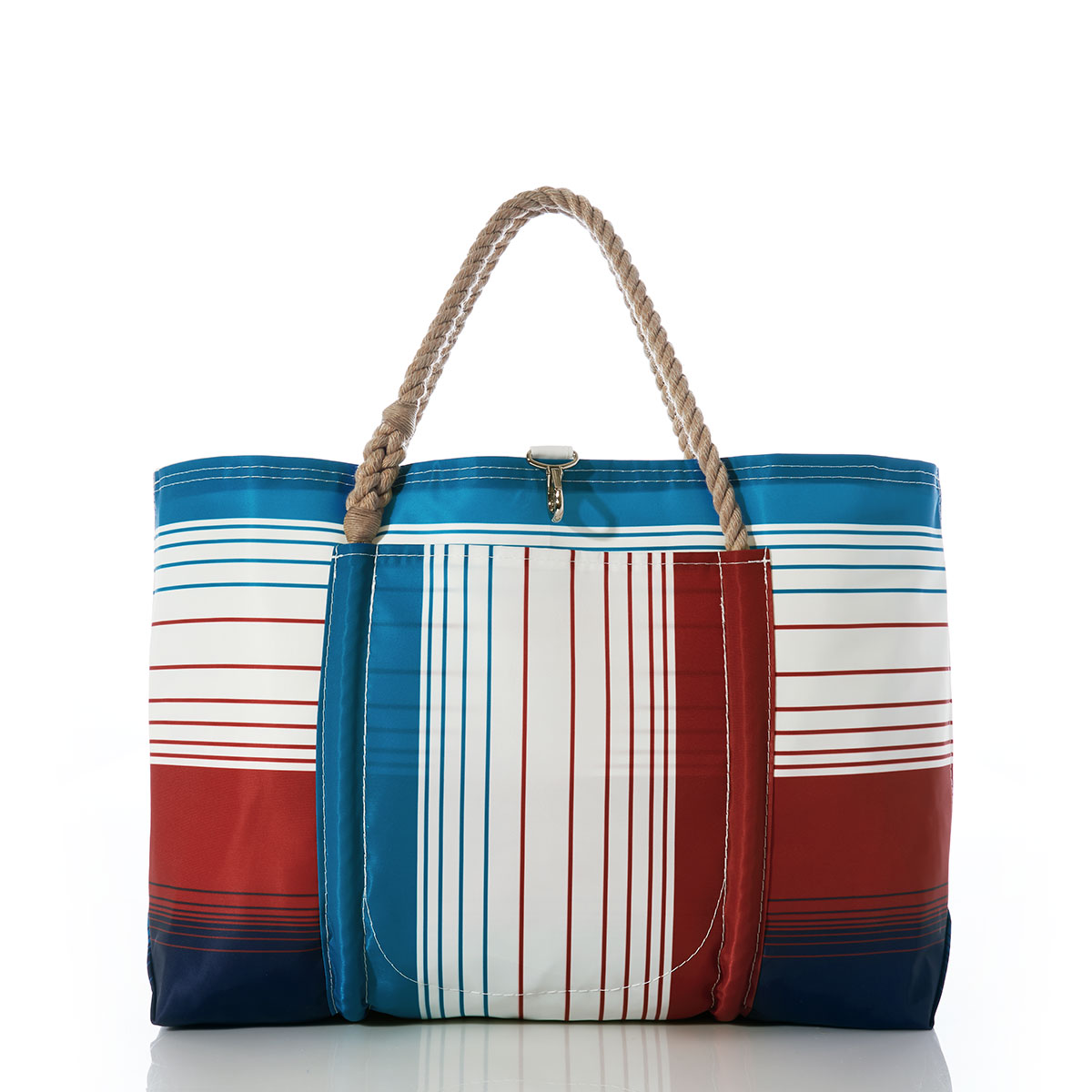 patriotic plaid stripes in red white and blue printed on recycled sail cloth large pier tote with hemp rope handles