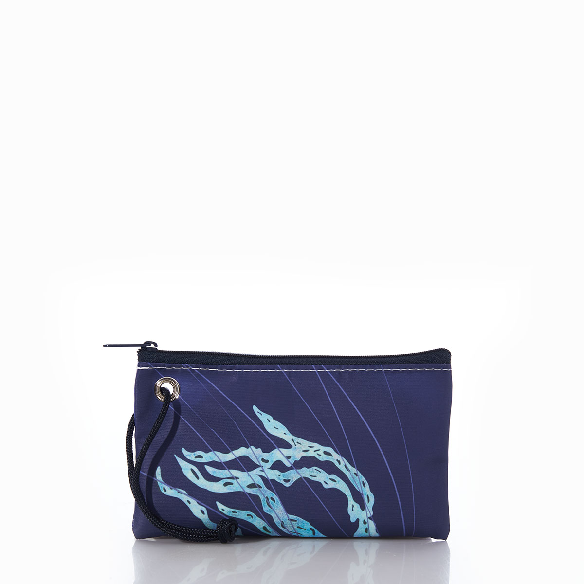 back view of tentacles of a blue recycled sail cloth wristlet is printed with a light blue jellyfish