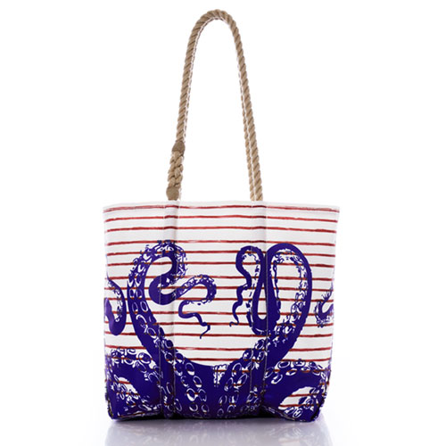 Blue Octopus on Red Mariner Stripe Medium Tote