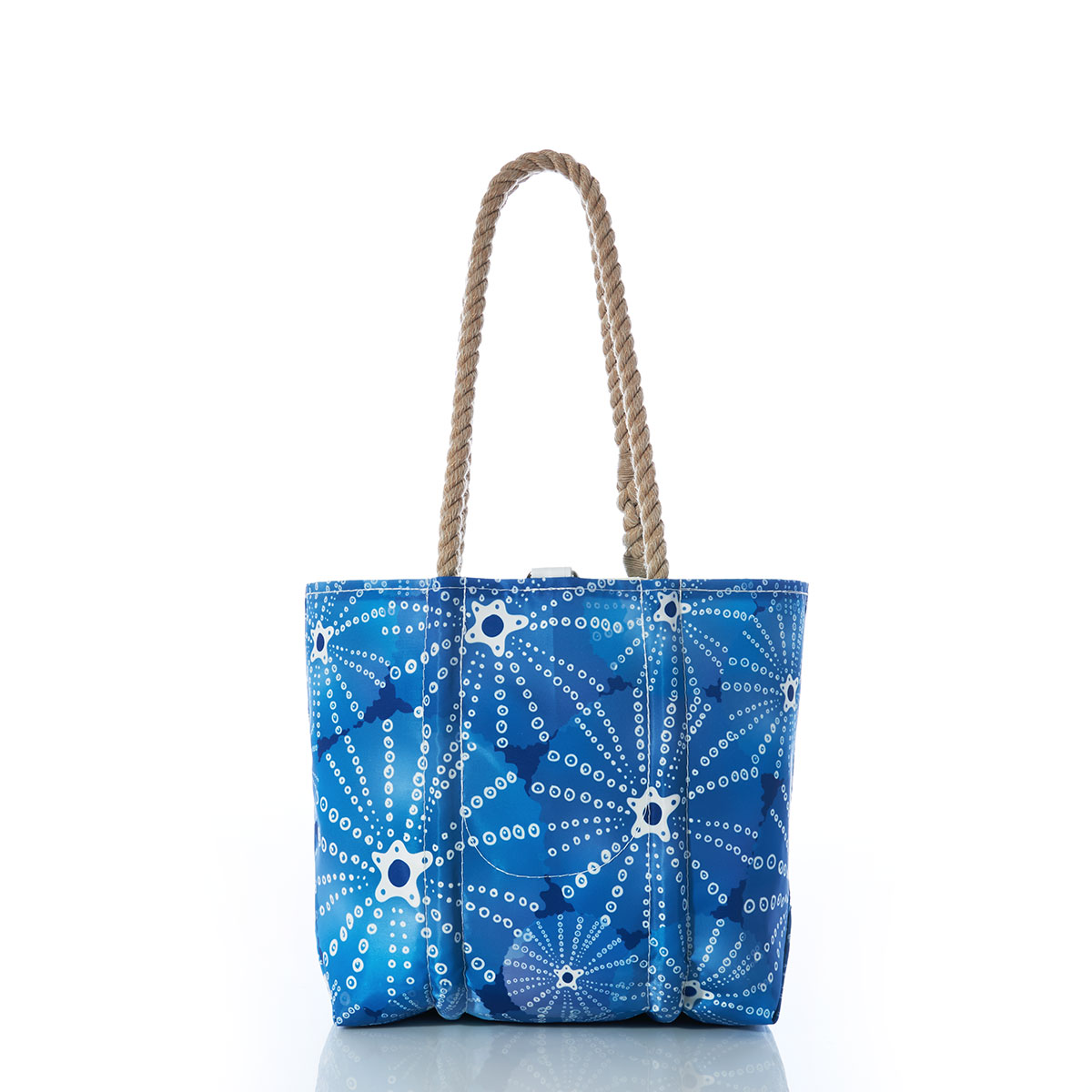 back view of blue sea urchins in an all over print on recycled sail cloth handbag with hemp rope handles