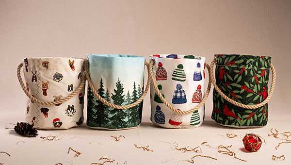 Set of holiday-themed buckets lined up