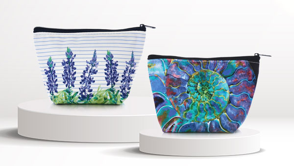 Lupine stripe and Multicolor Nautilus cosmetic bags on display