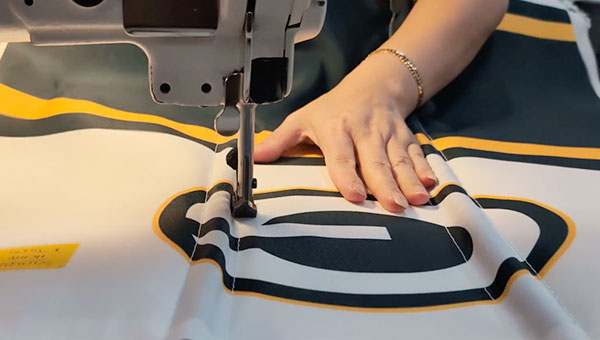 Green Bay Packers Tote being hand-stitched